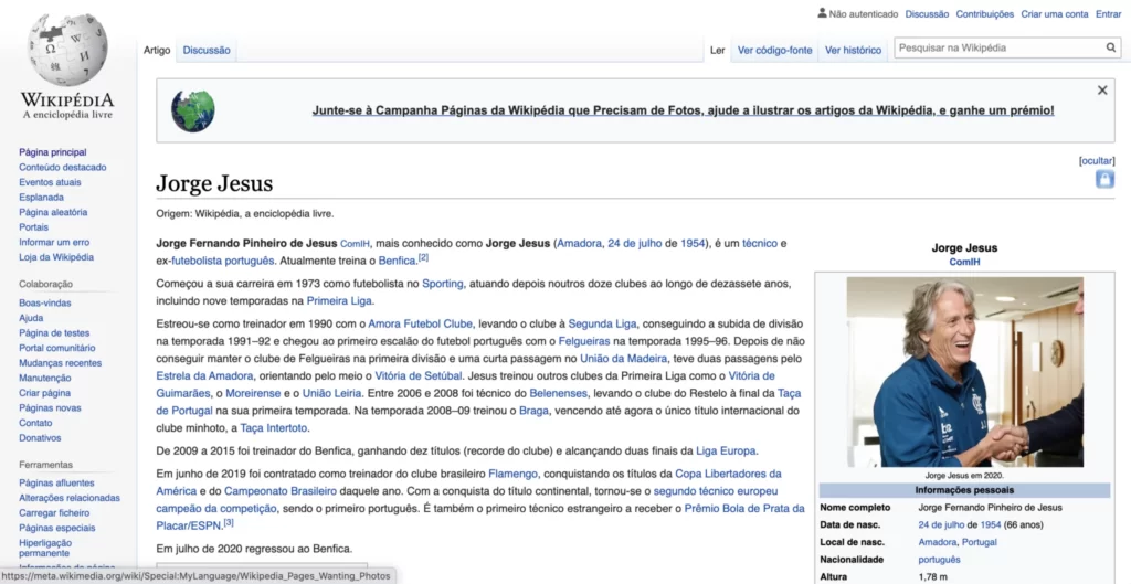 Página da wikipedia sobre Jorge Jesus